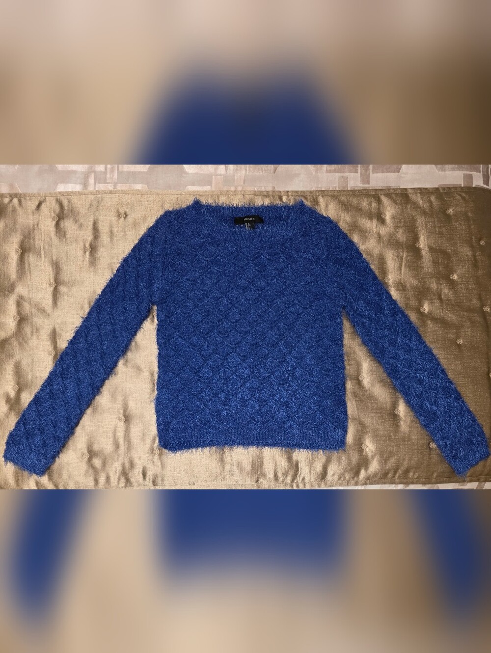 FOREVER 21 Blue Fuzzy Cable-Knit Pullover Sweater Crew Neck Size S